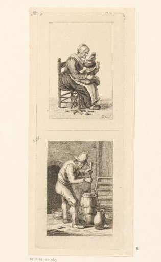 Woman with child on lap and churning man