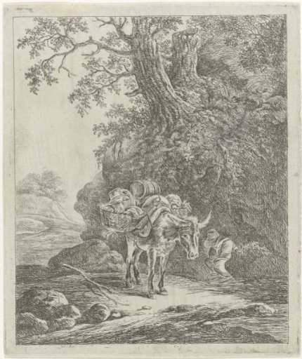 Pack mule on a country road with a man unloading