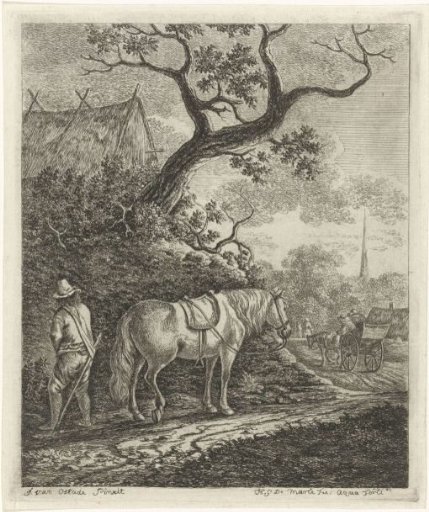 Horse on a country road with a man watering
