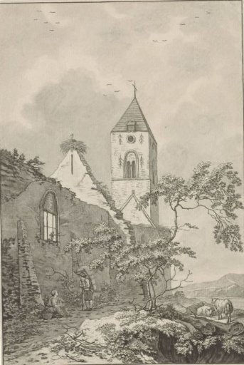 Two resting figures by the ruin of a church