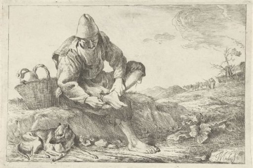 Peasant pulling a thorn from his foot
