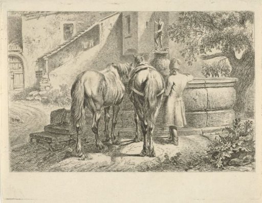 Drinking horses at a fountain