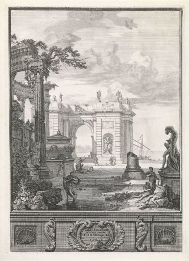 Landscape with classical statues and buildings