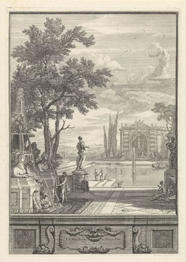 Landscape with fountain and pond