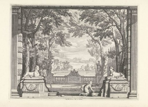 Park landscape with two sphinxes