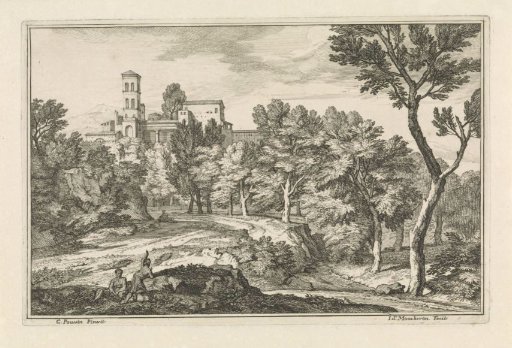 Landscape with trees and a tower