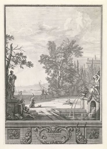 Landscape with a sculpture, fountain and harbour view