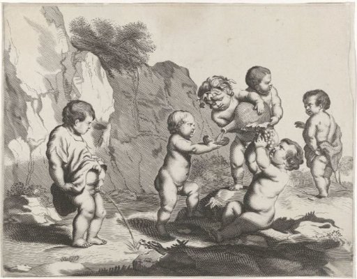 Sprinkling putto and putti with a jug