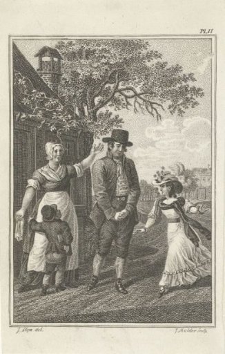 Four people on the road in front of a house