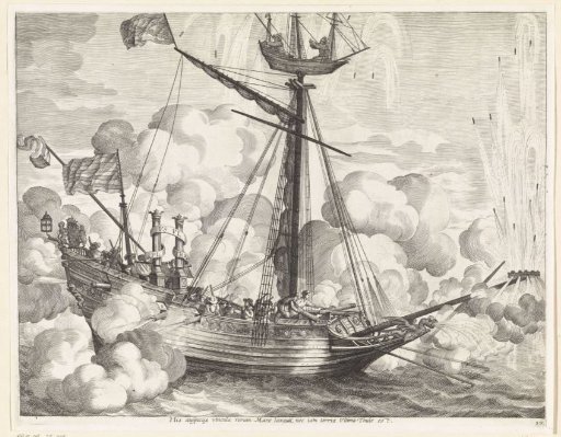 Spectacle with a ship with fireworks and the Pillars of Hercules