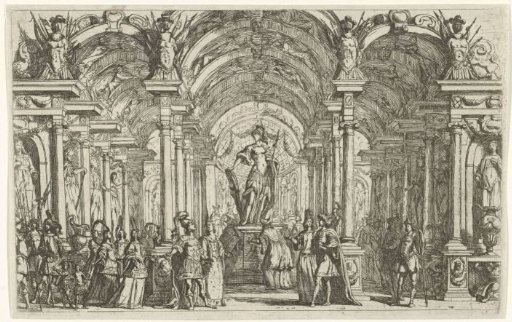 Two couples in a pillared hall