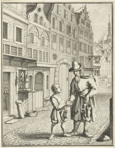 Jakob Böhme meets a man in front of the shoemaker's shop