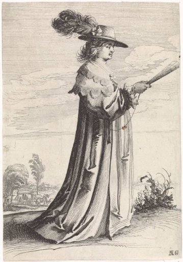 Standing woman with hat and fan