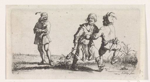 Two dancing peasants and a spectator