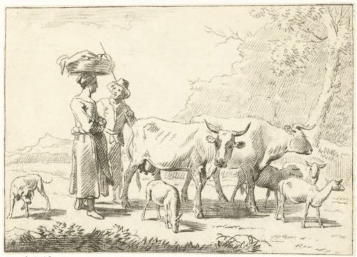 Shepherd and a woman with cows and sheep
