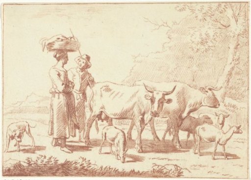 Shepherd and a woman with cows and sheep