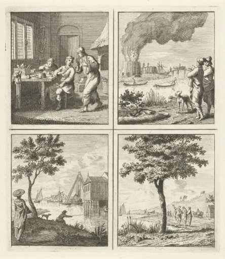Workshop / Burning building / Piling / Tree by the water