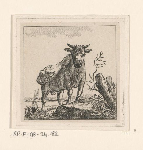 Cow by a tree stump