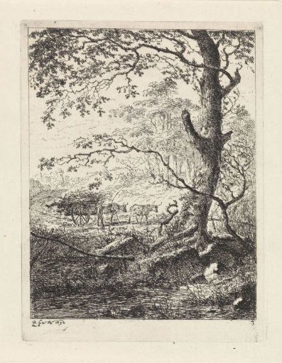 Tree by a stream and an ox cart