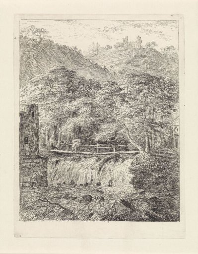 Man on a bridge above a waterfall