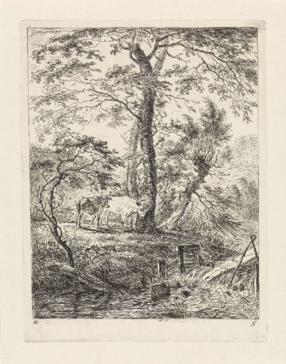 Landscape with two cows near trees and a stream