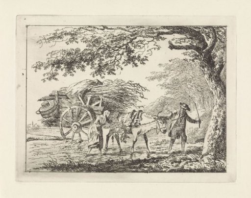 Man and a woman by a loaded ox cart