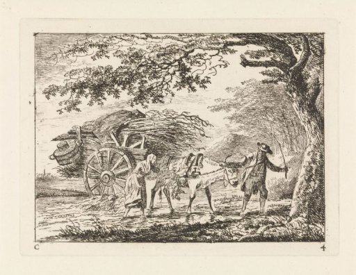 Man and a woman by a loaded ox cart
