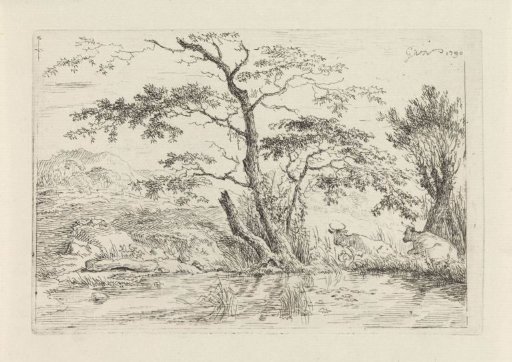 Landscape with cows by the water