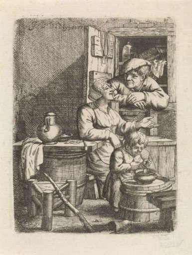Eating Child and a Woman Talking to a Man at a Window