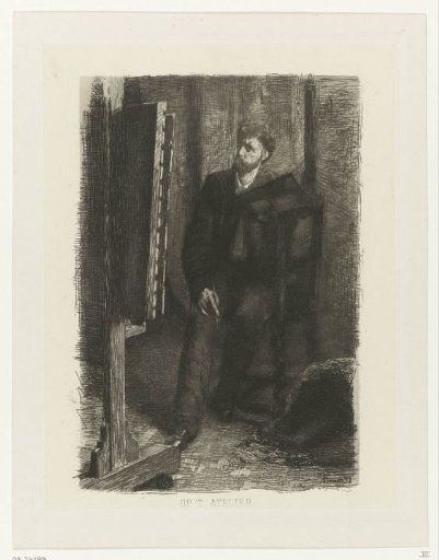Portrait of an artist standing behind the easel