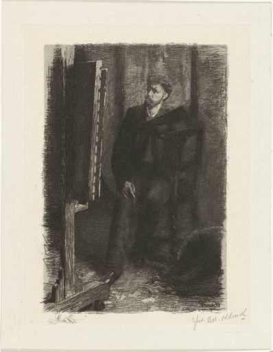 Portrait of an artist standing behind the easel