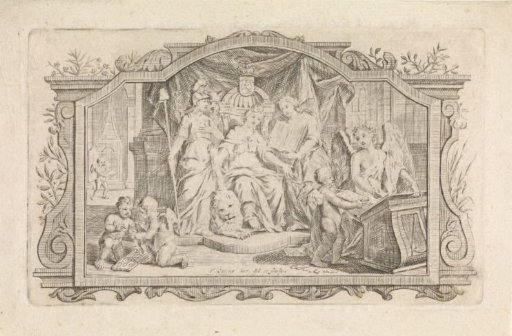 Enthroned Dutch maiden with Liberty and Mercury