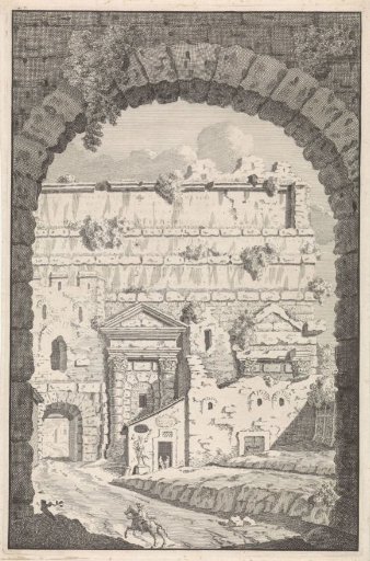 View through an arch of a rider and ruins