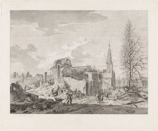 View of the Rapenburg in Leiden with the tower of the Saaihal after the gunpowder explosion of 12 January 1807