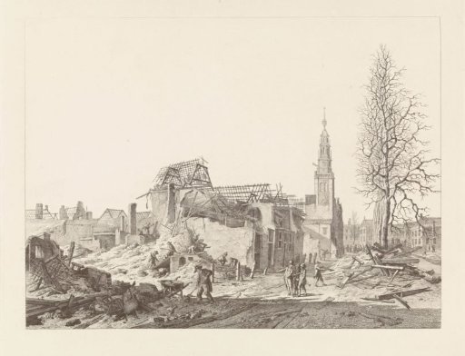 View of the Rapenburg in Leiden with the tower of the Saaihal after the gunpowder explosion of 12 January 1807