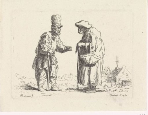 Beggar and beggar woman in conversation