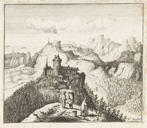 Mountainous landscape with grape pickers