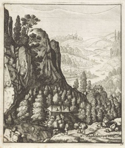 Rocky mountain landscape with peasants