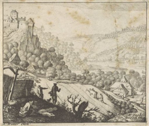 Mountainous landscape with a ploughman