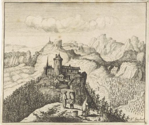Mountainous landscape with grape pickers