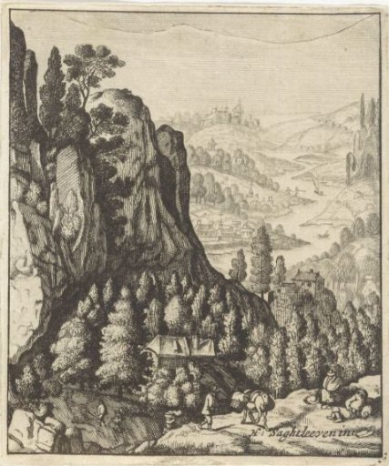 Rocky mountain landscape with peasants