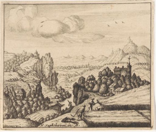 Mountainous landscape with harvesters