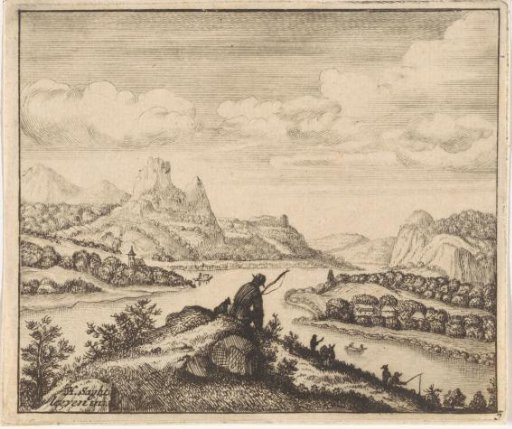River landscape with fishermen