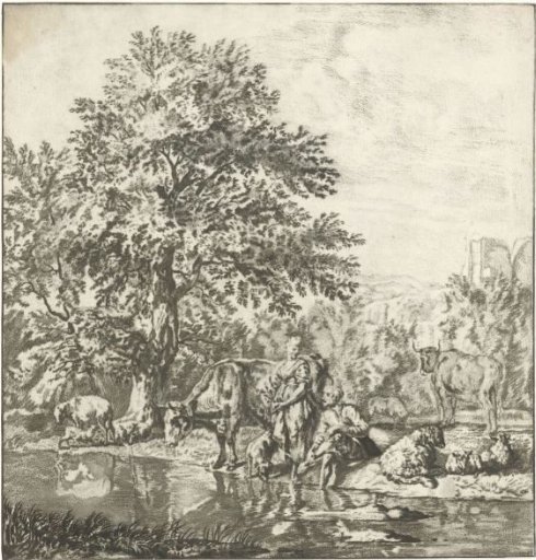 Shepherd and shepherdess with a flock by a river