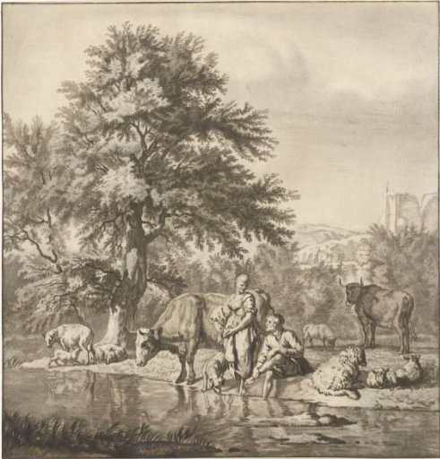 Shepherd and shepherdess with a flock by a river