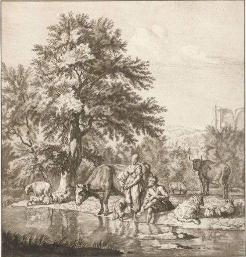 Shepherd and shepherdess with a flock by a river