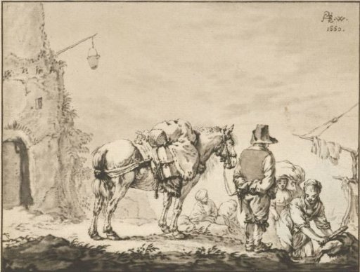 Man with a horse by a washerwoman