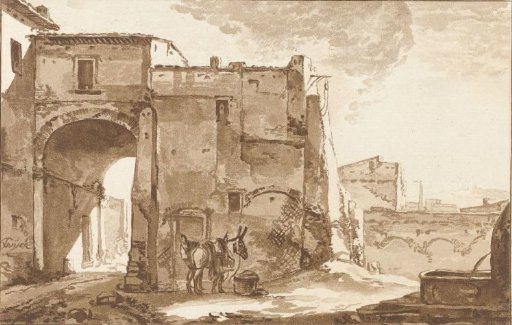 Gate with a traveler and a mule