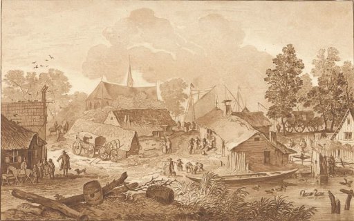 Village view with a pond
