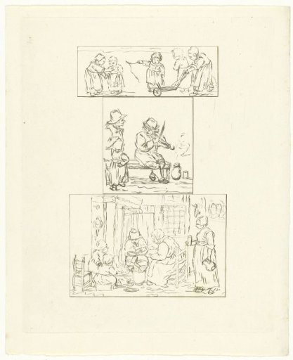 Five children with a wheelbarrow / Violin player on a bench / Farmhouse interior with a cake baker